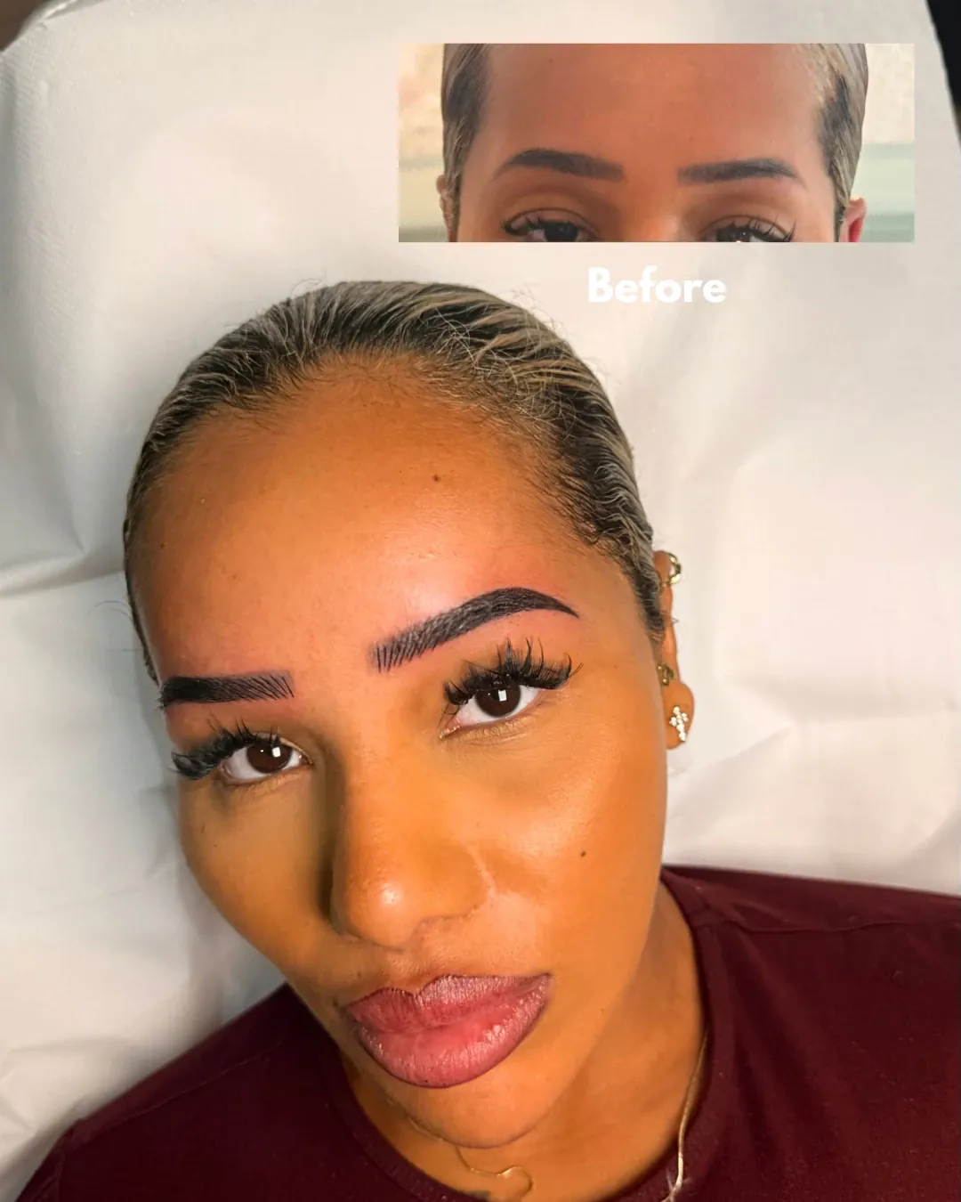 Before (inset) and after: a client’s thin brows, then bold, defined hairstroke brows